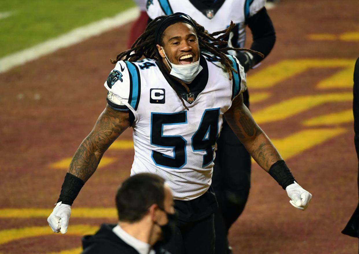 Mandatory Credit: Photo by KEVIN DIETSCH/UPI/Shutterstock (11667426aa)Washington Football Team outside linebacker Kevin Pierre-Louis (54) celebrates after the Panthers defeated the Washington Football Team 20-13, at FedEx Field in Landover, Maryland on Sunday, December 27,Carolina Panthers v.