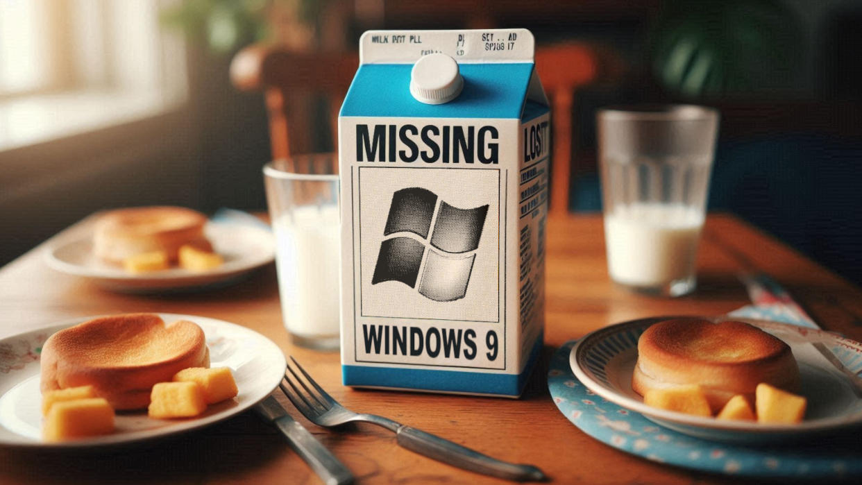  A breakfast table with a milk carton missing placard showing Microsoft Windows 9. 