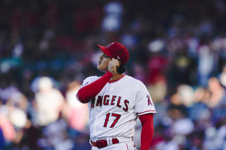 Los Angeles Angels starting pitcher Shohei Ohtani prepares for the team's baseball game against the Seattle Mariners, Thursday, Aug. 3, 2023, in Anaheim, Calif. (AP Photo/Ryan Sun)