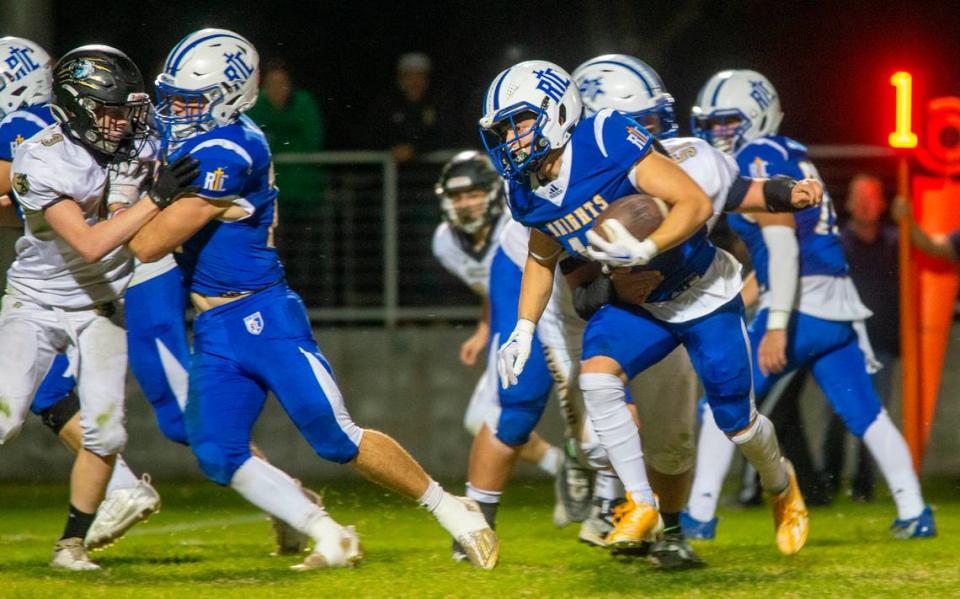 Brady Grondz, 10, of Ripon Christian heads up field during play against Golden Sierra Friday Nov. 03, 2023 at Ripon Christian.