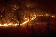 <p>Inmate firefighters battle a wildfire near Oroville, Calif., on Saturday, July 8, 2017. The fast-moving wildfire in the Sierra Nevada foothills destroyed structures, including homes, and led to several minor injuries, fire officials said Saturday as blazes threatened homes around California during a heat wave. (AP Photo/Noah Berger) </p>