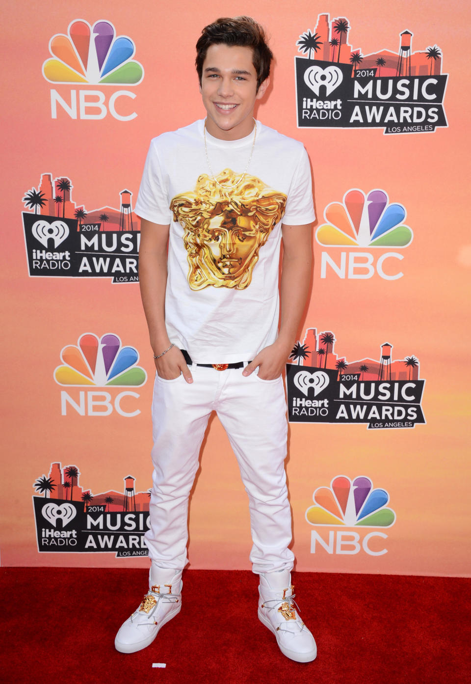 Austin Mahone arrives at the iHeartRadio Music Awards at the Shrine Auditorium on Thursday, May 1, 2014, in Los Angeles. (Photo by Jordan Strauss/Invision/AP)