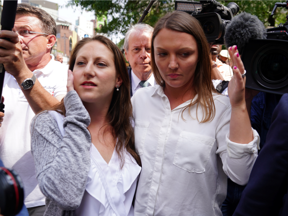 Michelle Licata and Courtney Wild, who say they are victims, leave following the arraignment of U.S. financier Jeffrey Epstein after the Southern District of New York announced charges of sex trafficking of minors and conspiracy to commit sex trafficking of minors, in New York, U.S., July 8, 2019.