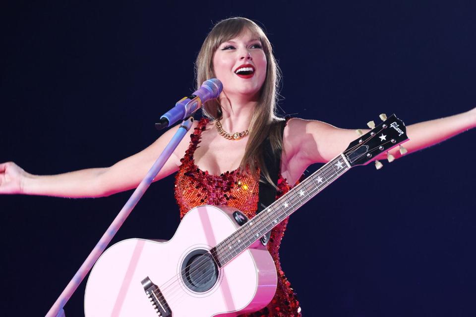 <p>Kevin Mazur/TAS24/Getty</p> Taylor Swift performs in Paris on May 9, 2024