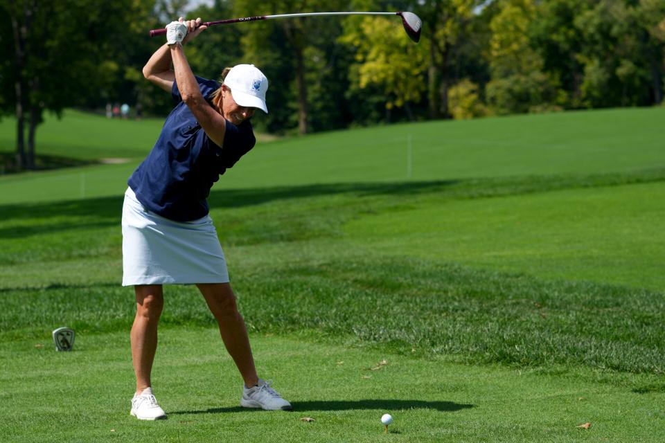 Cincinnati Bengals Executive Vice President Katie Blackburn tees off hole No. 1, Wednesday, Sept. 7, 2022, during a pro-am portion of the Kroger Queen City Championship golf tournament at Kenwood Country Club in Madeira, Ohio. 