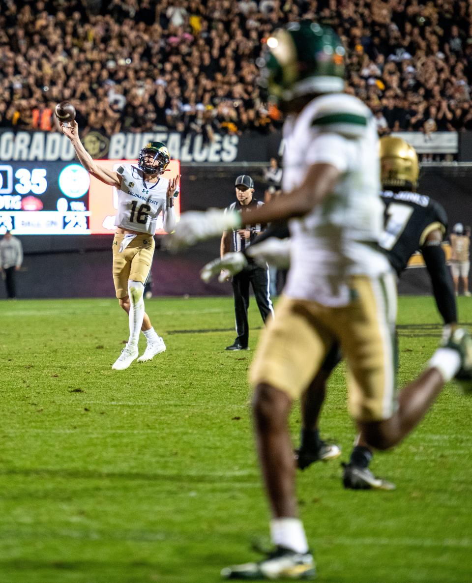 CSU football's quarterback Brayden Fowler-Nicolosi (16) throws downfield against Colorado in the Rocky Mountain Showdown on Sept. 16, 2023, at Folsom Field in Boulder, Colo.