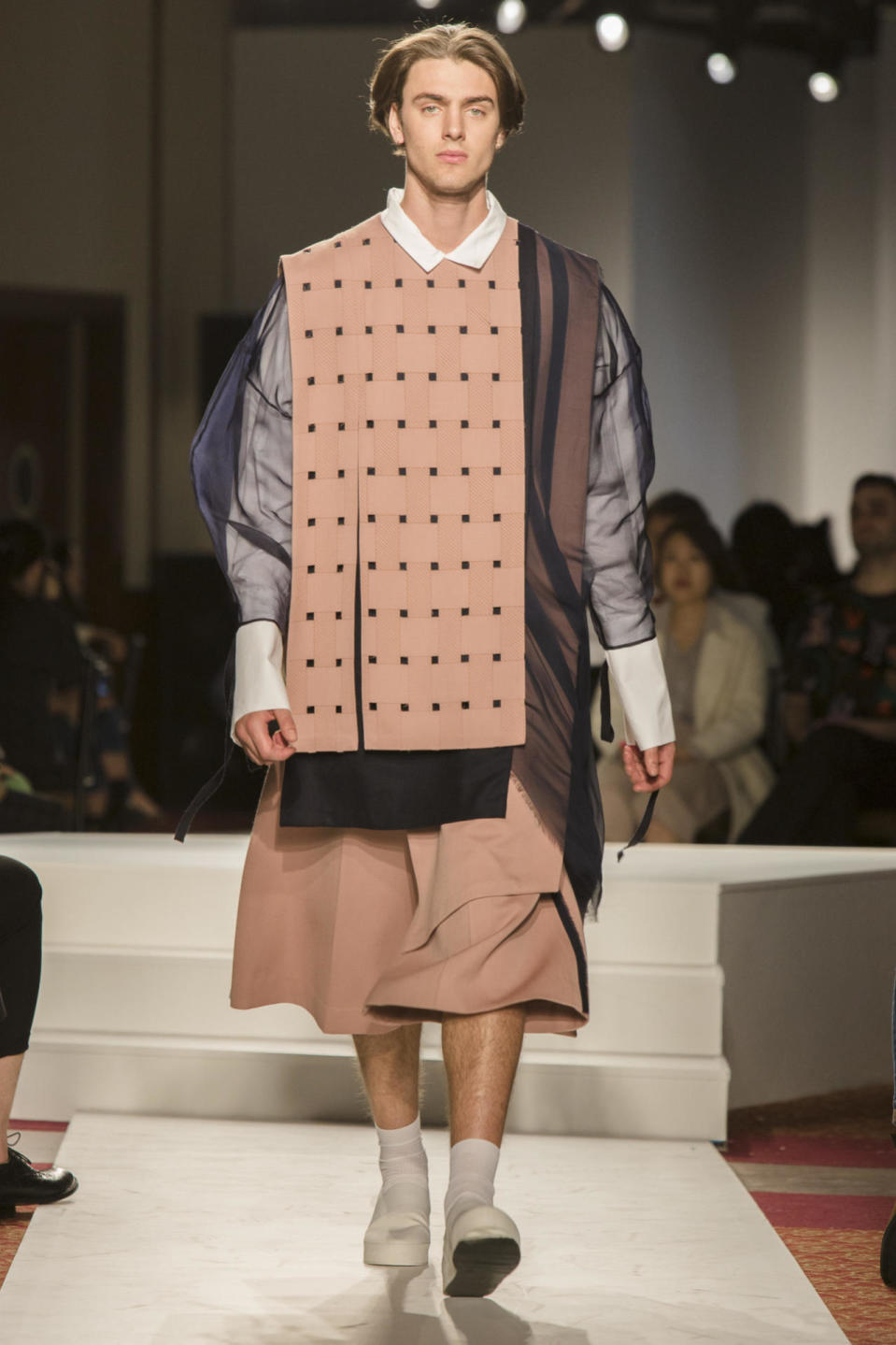 Parsons graduate Moon Choi’s design made lovely use of woven, blush-pink fabric with deep navy chiffon accents.