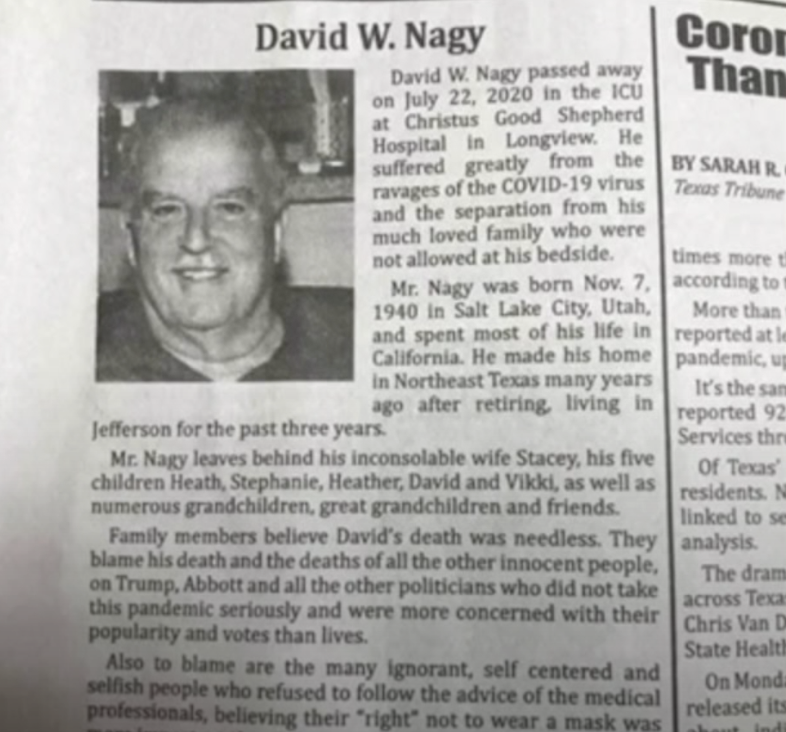 Stacey Nagyn wrote in her husband's obituary that he 