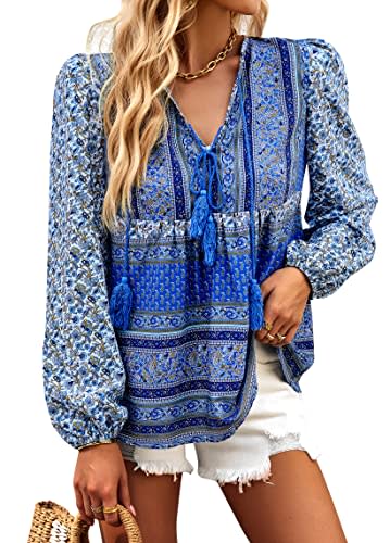 KAYWIDE Women's Casual Boho V Neck Top Loose Floral Printed Long Sleeve Beach Shirts Blouses(Blue-2013,L)