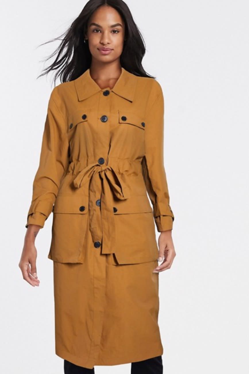 ASOS DESIGN four pocket trench coat in ochre (photo via ASOS)