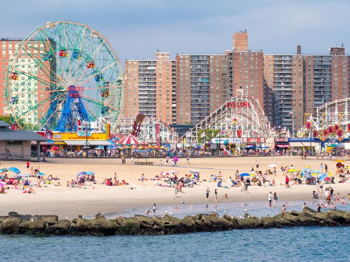 A view of the beach and the amusement park at Coney Island in New York City.