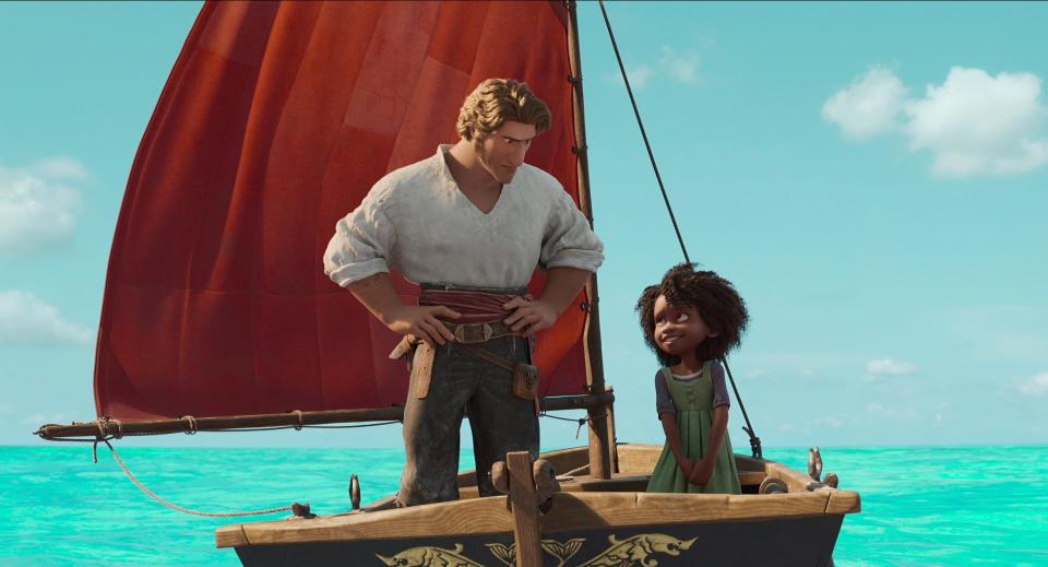Famous seafarer Jacob Holland (voiced by Karl Urban, left), who hunts monsters in his fabled ship, is saddled with unexpected stowaway Maisie (Zaris-Angel Hator) in the animated adventure "The Sea Beast."