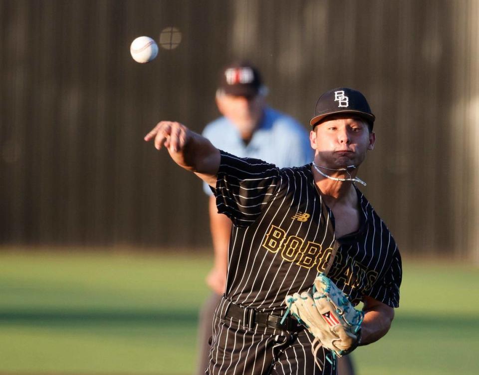 Benbrook starting pitcher Sebastian Martinez works in the second inning during a UIL Class 4A Region II quarterfinal at the Coppell Baseball Complex in Coppell, Texas, Friday, May 17, 2024.