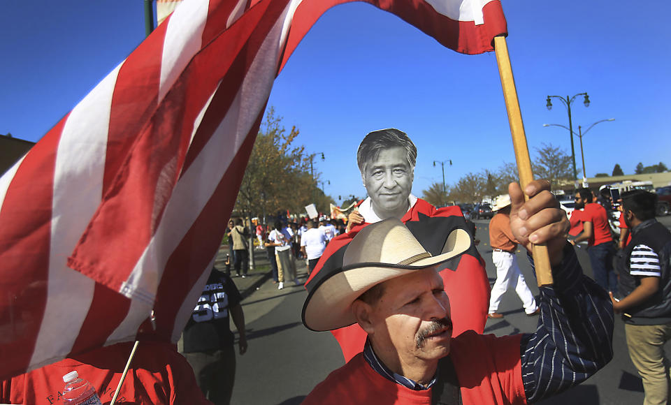 A man joins United Farm Worker supporters participating in the annual Cesar Chavez/UFW march in Santa Rosa, Calif., on April 2, 2017.