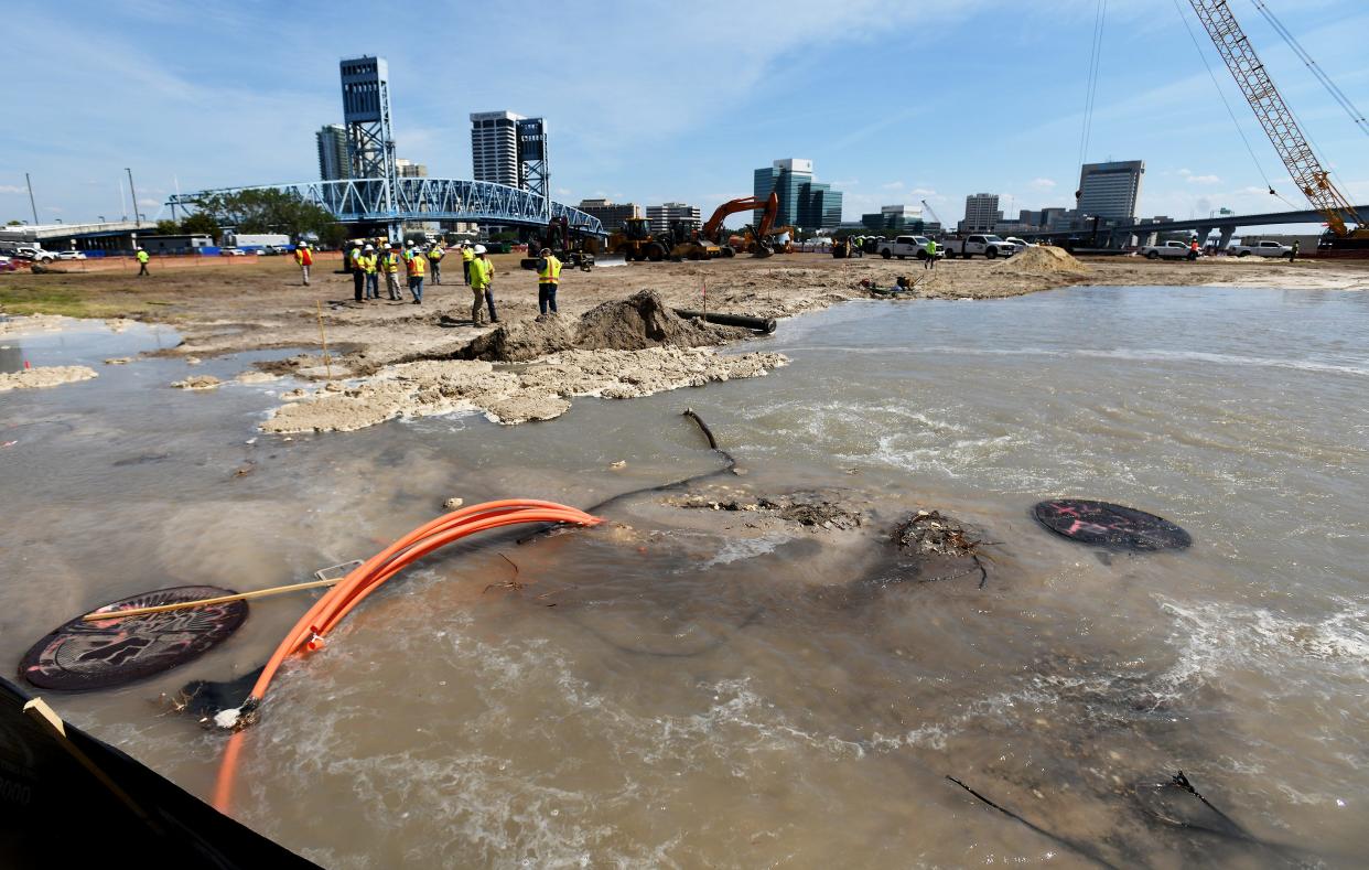 Crews working on the redevelopment of the former Jacksonville Landing property on the city's Northbank struck a water line on Monday, flooding much of the site and adjacent roadway. As the future home of Riverfront Plaza, the site could see much more flooding in the future if sea-level rise and other climate factors are not considered in its planning.