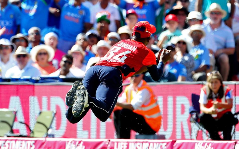 England's Chris Jordan catches India's KL Rahul during a IT20 match in Bristol on July 8, 2018