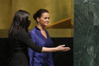 President of Hungary Katalin Novak arrives to address the 77th session of the United Nations General Assembly, at U.N. headquarters, Wednesday, Sept. 21, 2022. (AP Photo/Jason DeCrow)