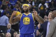 March 31, 2019; Oakland, CA, USA; Golden State Warriors center DeMarcus Cousins (0) reacts after being ejected on a flagrant two foul during the second quarter against the Charlotte Hornets at Oracle Arena. Mandatory Credit: Kyle Terada-USA TODAY Sports