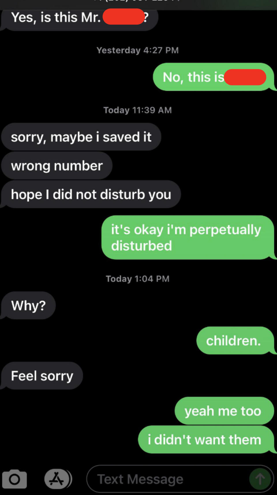 Person tells wrong number they're sorry to disturb them, and response is that they're "perpetually disturbed" because they have children and didn't want them