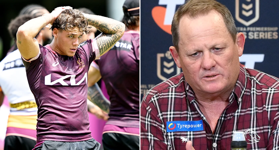 Pictured left is Brisbane Broncos star Reece Walsh and coach Kevin Walters on right.