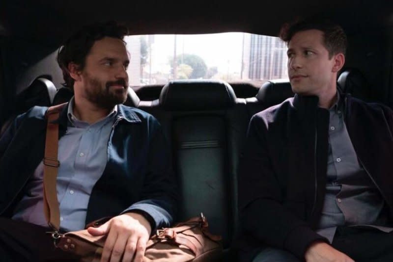 Andy Samberg (R) ropes Tommy (Jake Johnson) into a deadly game show. Photo courtesy of Hulu