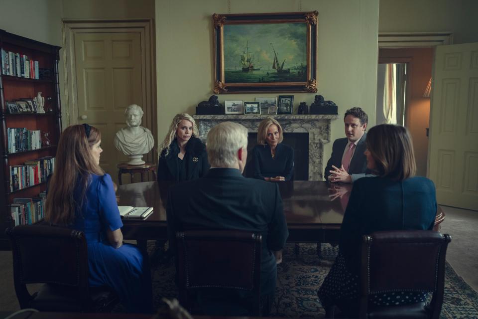 Prince Andrew (Rufus Sewell, center with his back to the camera) meets a team from the BBC in "Scoop," the story of how the network secured an interview that ultimately took Andrew out of public life.