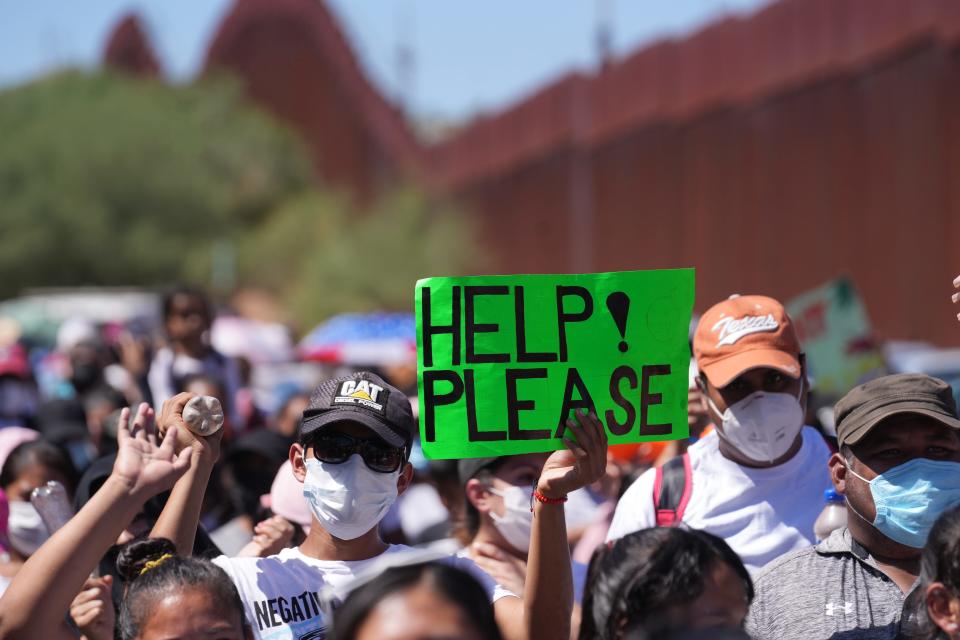 Migrants seeking asylum march through the streets of Nogales, Sonora to protest Title 42, Border Patrol abuse against migrants, and lack of access to healthcare in Nogales. The protest on Monday, Sept. 26, 2022 followed the World Day of Migrants and Refugees. 