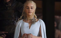 <p>Clapton worked on a jewelry line inspired by Daenerys. In the show, she often sports elaborate, dragon-themed necklaces. In the Season 5 finale, she’s wearing a necklace with a plethora of dragon wings. And then the next time we see her, captured by the Dothraki, the wings are gone. As Clapton explained to <a rel="nofollow noopener" href="https://www.usatoday.com/story/life/entertainthis/2016/07/21/you-can-own-and-wear-game-thrones-dragon-power/87377546/" target="_blank" data-ylk="slk:USA Today;elm:context_link;itc:0;sec:content-canvas" class="link ">USA Today</a>, “she has to flee and I wanted the wings [on the necklace] to come off so she’d be left with less of a dragon.”<br><br>(Photo Credit: HBO) </p>