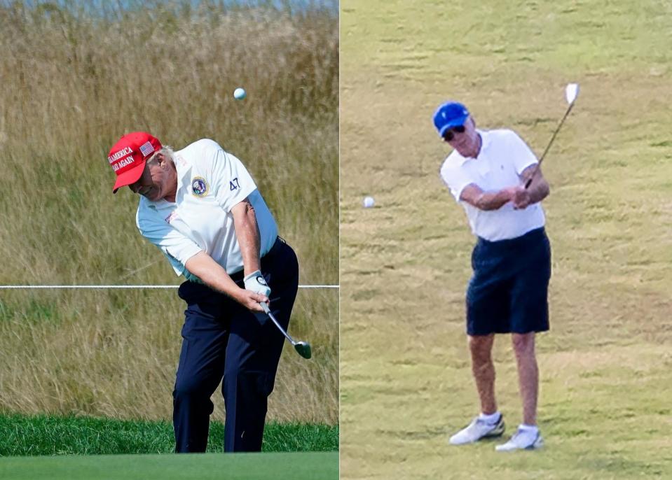 PHOTO: Former President Donald Trump golfs at the Trump National Golf Club in Bedminster, New Jersey, Aug. 9, 2023, and President Joe Biden golfs in the U.S. Virgin Islands, Dec. 30, 2022. (Getty Images)