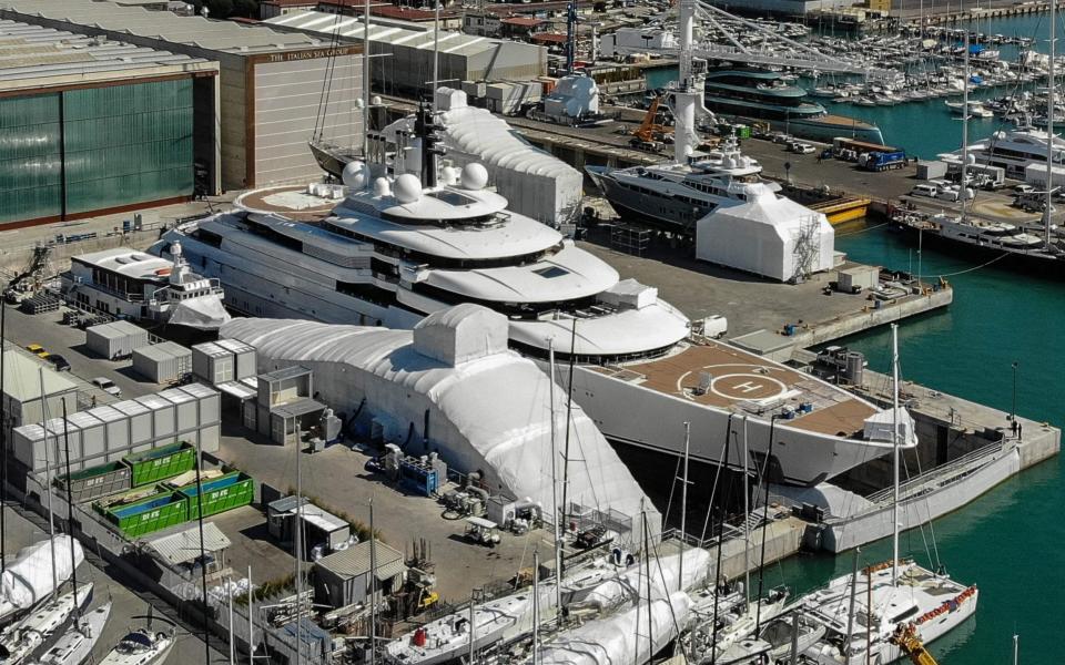 A view shows the multi-million-dollar mega yacht Scheherazade, docked at the Tuscan port of Marina di Carrara, Tuscany - FEDERICO SCOPPA/AFP