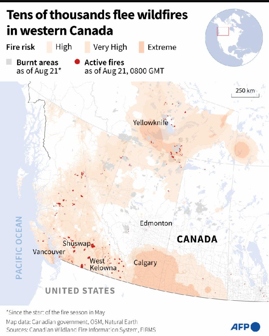 <span>Map of western Canada showing fire risk, areas burned and active fires as of August 21</span><div><span>Cléa PÉCULIER</span><span>Sabrina BLANCHARD</span><span>AFP</span></div>