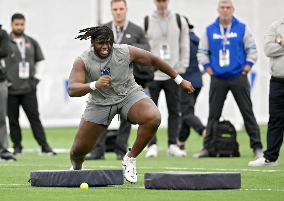 Offensive lineman Olu Fashanu runs position drills for NFL scouts at Penn State’s Pro Day on Friday, March 15, 2024 in Holuba Hall.