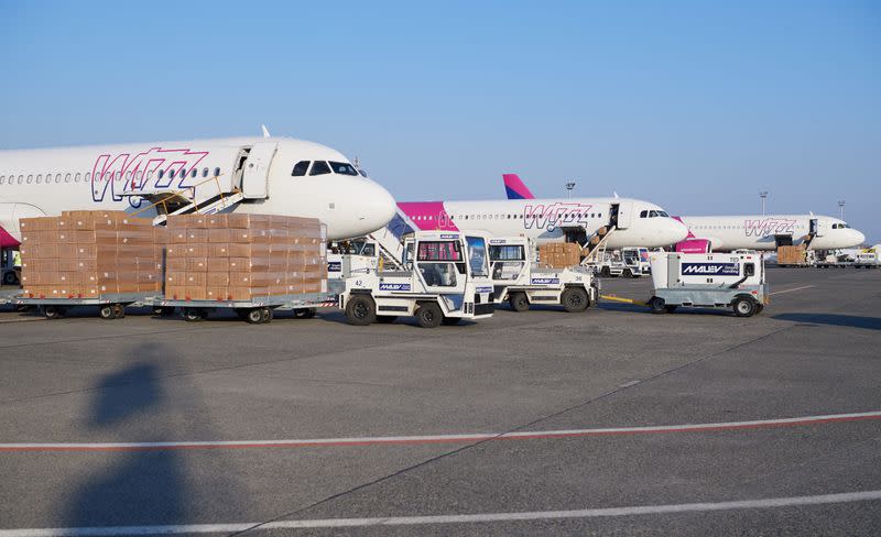 Wizzair's aircraft with shipment of medical and protective gear from China arrives at Budapest Airport