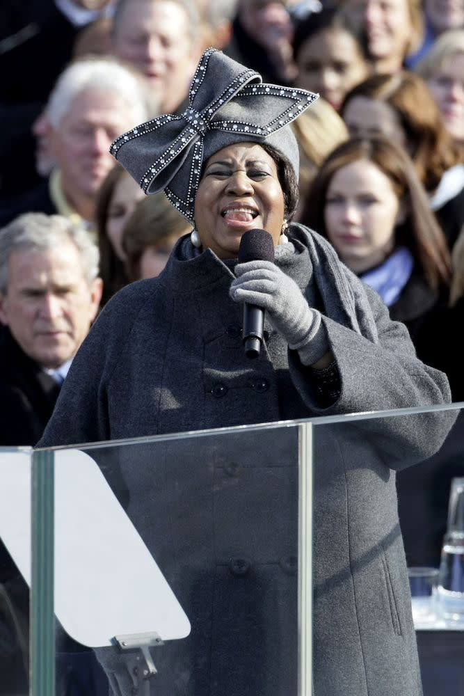 Aretha Franklin sings during the inauguration of Barack Obama as the 44th President of the United States of America on the West Front of the Capitol January 20, 2009 in Washington, DC.