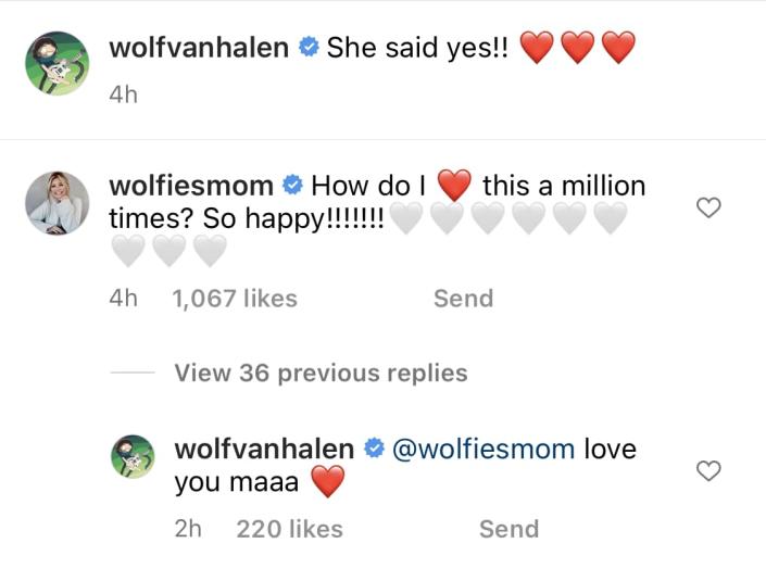 Valerie Bertinelli shows her love for every last after he announces his engagement.  (Instagram/Wolf Van Halen)
