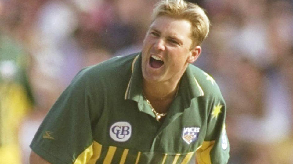 Shane Warne is pictured playing in a 1996 one-day international match.