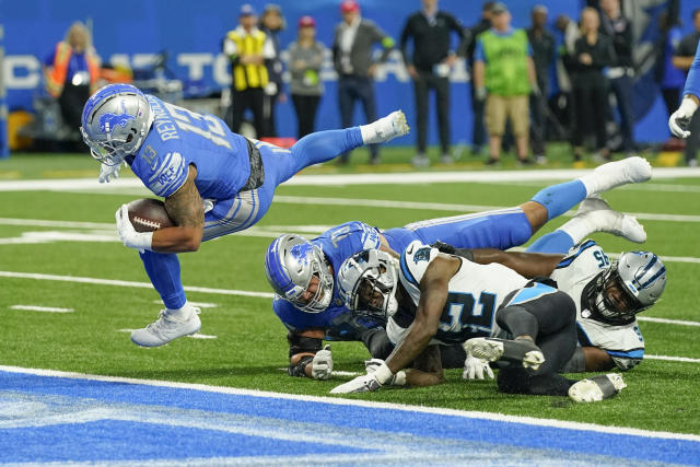 Charlotte, United States. 24th Dec, 2022. Charlotte, NC USA; Carolina  Panthers defensive end Brian Burns (53) sacks Detroit Lions quarterback  Jared Goff (16) during an NFL game against the Detroit Lions at