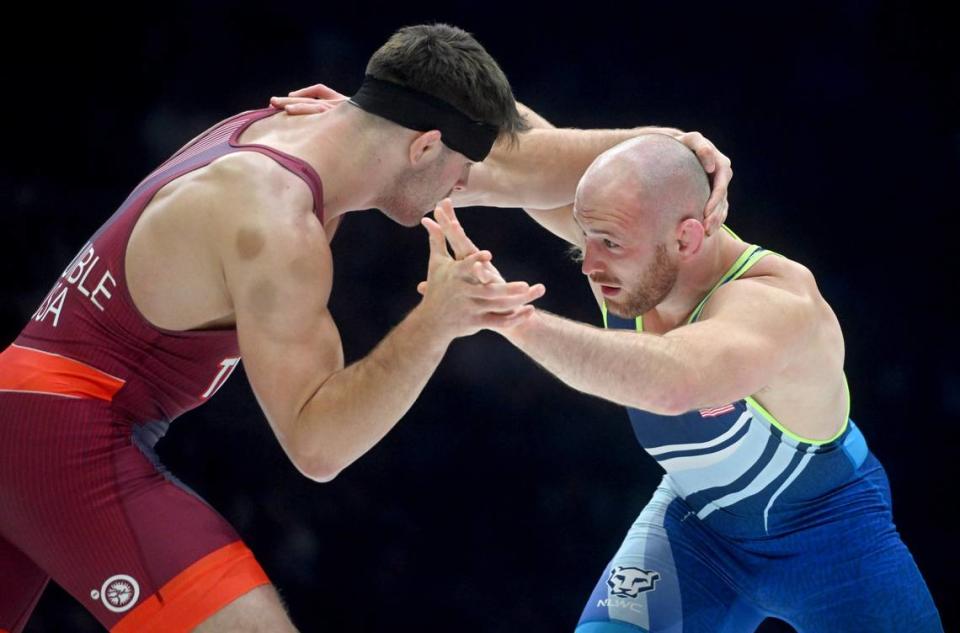 Kyle Snyder wrestles Isaac Trumble in their second bout of their best-of-three series final at 97 kg during the U.S. Olympic Team Trials at the Bryce Jordan Center on Saturday, April 20, 2024. Snyder won by decision 4-0.