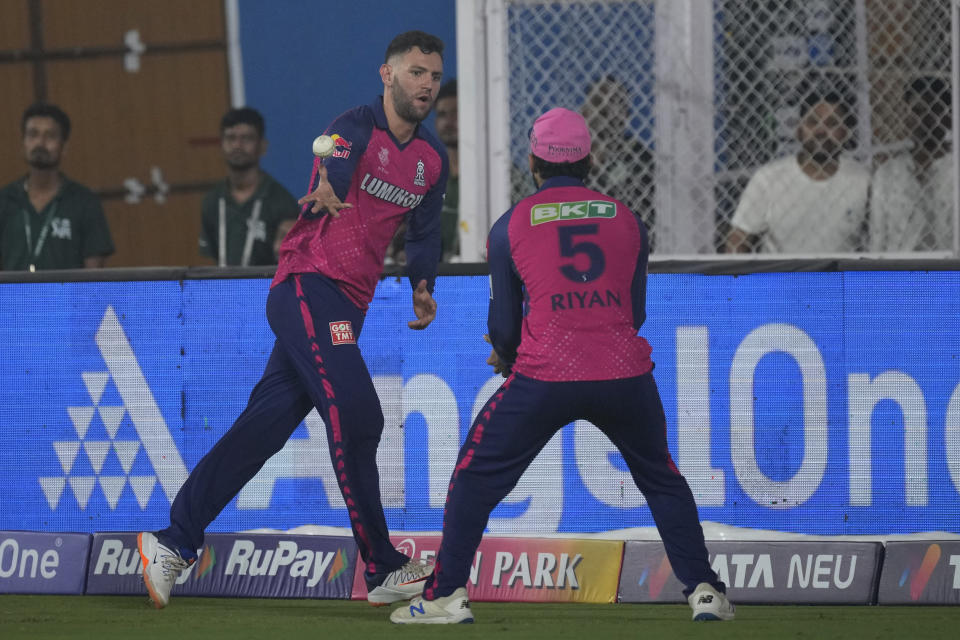 Rajasthan Royals Donovan Ferreira takes a catch to dismiss Punjab Kings's Jonny Bairstow during the Indian Premier League cricket match between Rajasthan Royals and Punjab Kings in Guwahati, India, Wednesday, May. 15, 2023. (AP Photo/Anupam Nath)
