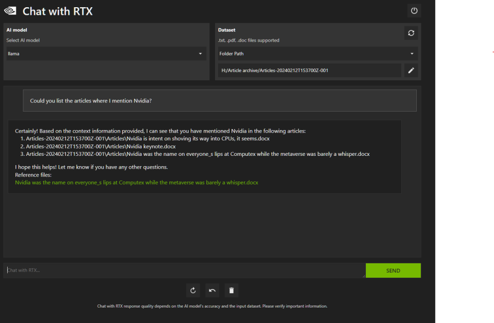 Nvidia's Chat with RTX software in use.