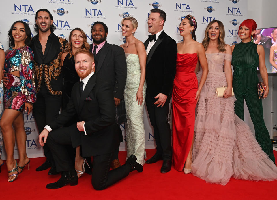 (L to R) Michelle Tsiakkas, Graziano Di Prima, Jowita Przysta, Neil Jones, Hamza Yassin, Nadiya Bychkova, Kai Widdrington, Katya Jones, Amy Dowden and Dianne Buswell, accepting the Talent Show award on behalf of 