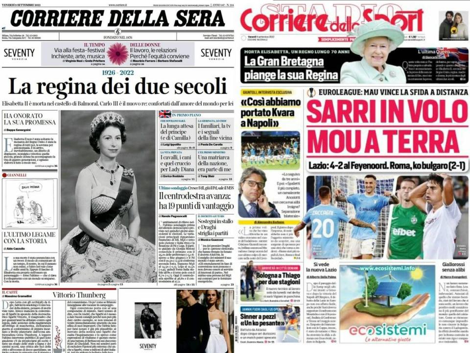 Italian papers toast ‘the queen of two centuries’ and reports that Britain ‘mourns its queen’ (Corriere Della Serra/Corriere Della Sport)