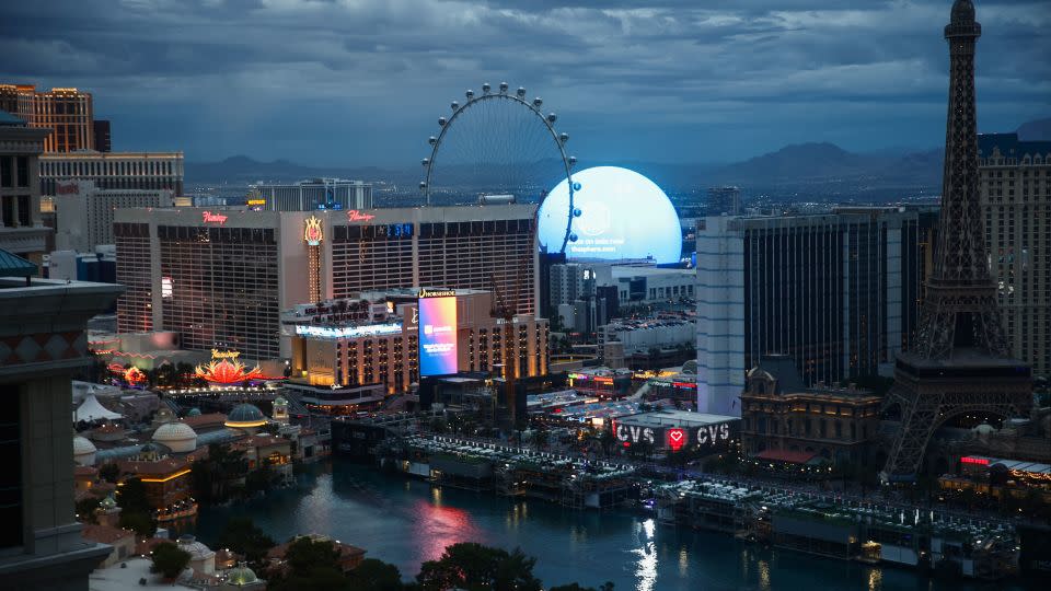 The Sphere venue aglow behind the Strip in Las Vegas on November 16, 2023. - Jakub Porzycki/NurPhoto/Getty Images