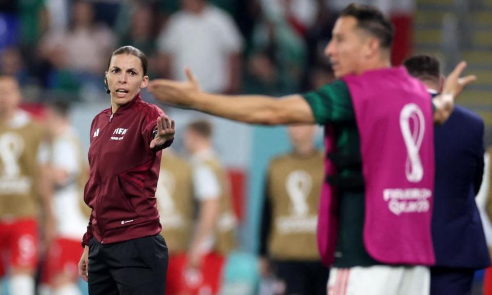 Stéphanie Frappart on fourth-official duty during the Mexico v Poland group match.