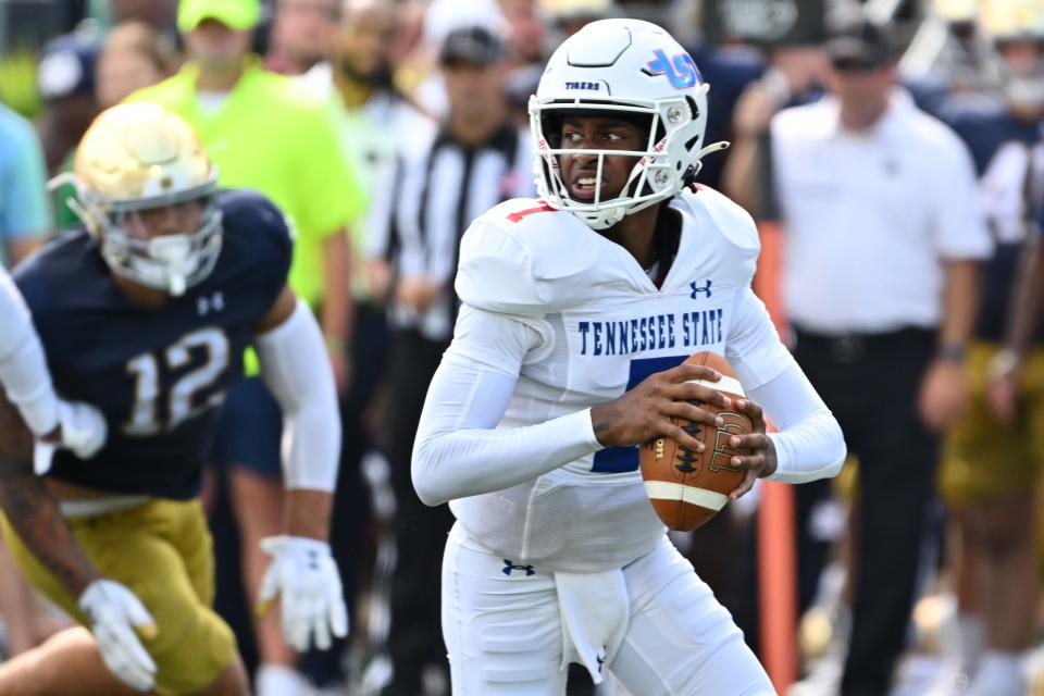 Sep 2, 2023; South Bend, Indiana, USA; Tennessee State Tigers quarterback Draylen Ellis (7) looks to pass in the second quarter against the Notre Dame Fighting Irish at Notre Dame Stadium. Mandatory Credit: Matt Cashore-USA TODAY Sports