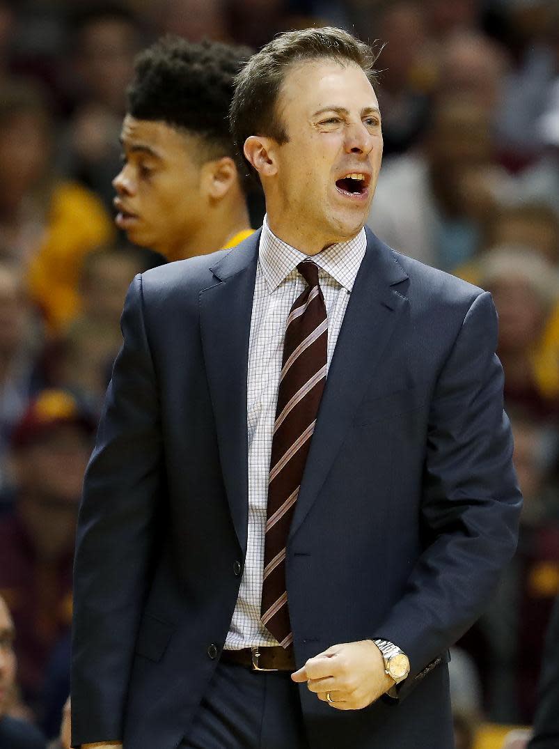 Minnesota head coach Richard Pitino reacts to a call in the second half of an NCAA college basketball game against Michigan, Sunday, Feb. 19, 2017, Minneapolis. (Carlos Gonzalez/Star Tribune via AP)