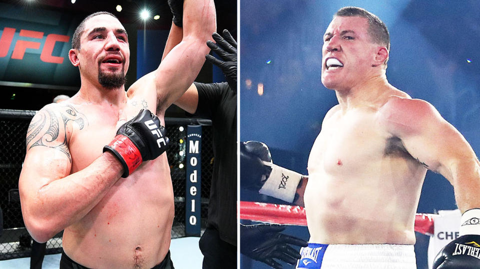 Robert Whittaker (pictured) celebrating after his UFC win and Paul Gallen (pictured right) celebrating his fight.