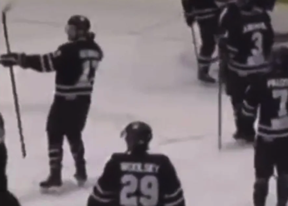 An MJHL player lifted his stick and hands before making what seemed to be a bow-and-arrow gesture toward the opponents from Waywayseecappo First Nation. (Photo via Twitter)