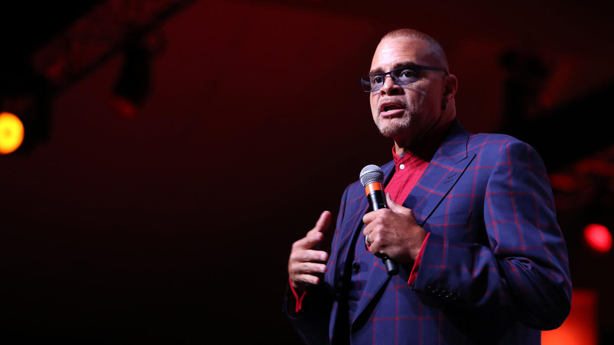 ST PAUL, MN - JULY 16: Sinbad takes the stage at the 2017 Starkey Hearing Foundation So the World May Hear Awards Gala at the Saint Paul RiverCentre on July 16, 2017 in St.