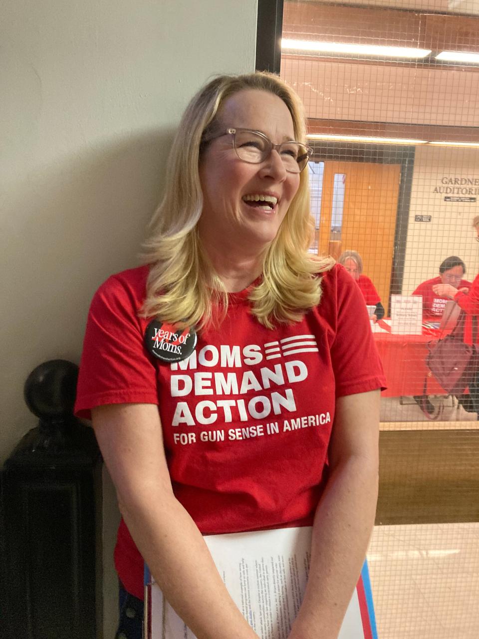 Scituate resident Jennifer Robinson discusses Moms Demand Action for Gun Sense in America and its goal of reducing gun violence at advocacy day Wednesday, March 29.